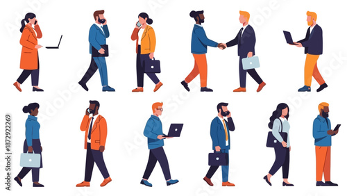 A diverse group of business professionals walking and interacting in an office or urban setting.