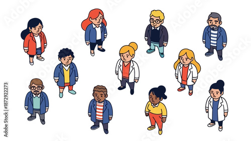 A diverse group of people, including men and women of various ages and ethnicities, are depicted from a top-down perspective.