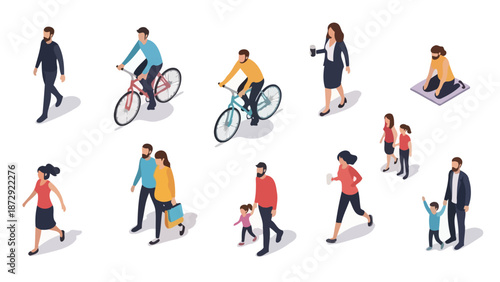 Isometric illustration of diverse people engaged in various daily activities and transportation methods.