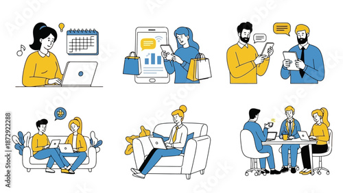 A collection of six illustrations depicting various business and lifestyle scenarios, including remote work, online shopping, and team meetings.