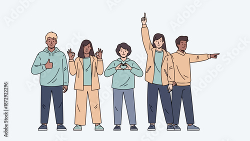 A diverse group of young people standing together, expressing positivity and unity through various hand gestures.