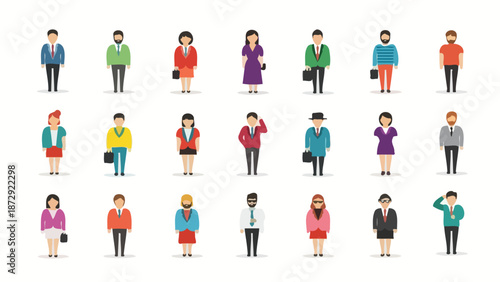 A diverse collection of flat design characters representing various professions and styles.