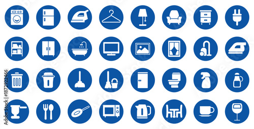 Collection of Household Icons in Blue Circles for Home Management Graphics