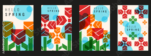 Modern 2026 Spring poster cover set. Vector illustration of modern Geometric Spring flowers with bold hello Spring message. EPS 10