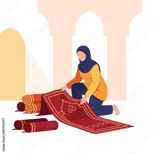 A woman in a hijab preparing for worship activities by arranging a prayer mat in a serene mosque environment from a front viewpoint