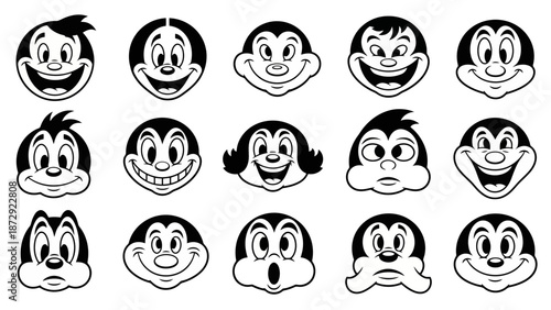 A collection of 15 vintage cartoon character faces with various expressions, rendered in black and white.