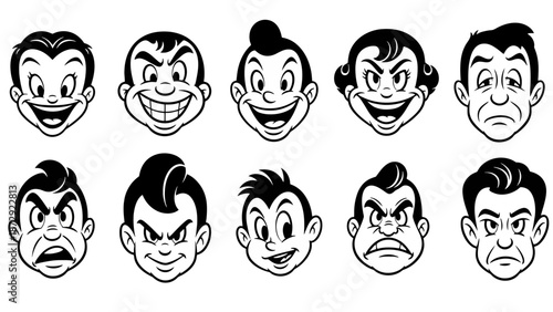 A collection of ten cartoon faces displaying a variety of exaggerated emotions and expressions.