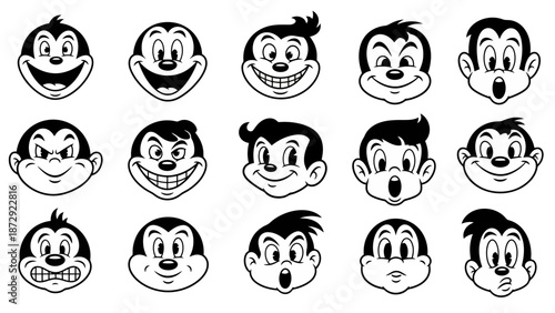 Collection of 15 vintage cartoon character faces with various expressions.