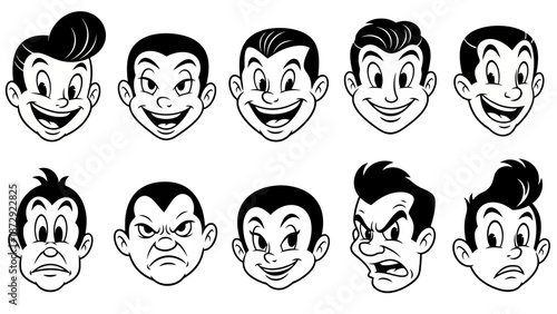 A collection of ten cartoon faces displaying a variety of distinct emotions and expressions.