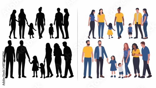 Diverse families and individuals depicted in silhouette and full color, showcasing different relationships and ages.