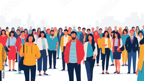 A diverse crowd of people of various ages and ethnicities gathered together in an urban setting.