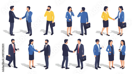 Isometric illustrations of business people shaking hands and talking on phones, representing professional interactions and meetings.