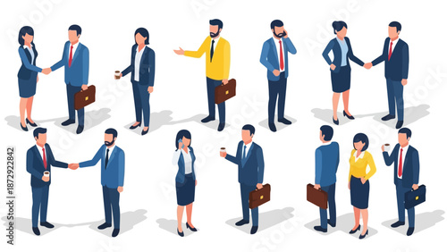Isometric illustration of diverse business people in various professional interactions and poses.
