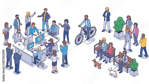 Isometric illustration depicting a busy office environment and a park scene with people interacting and relaxing.