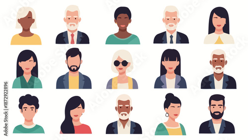 A diverse collection of stylized avatars representing people of various ages, genders, and ethnicities.