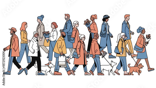 A diverse group of people and their dogs walk together in a line, some carrying flowers and shopping bags.