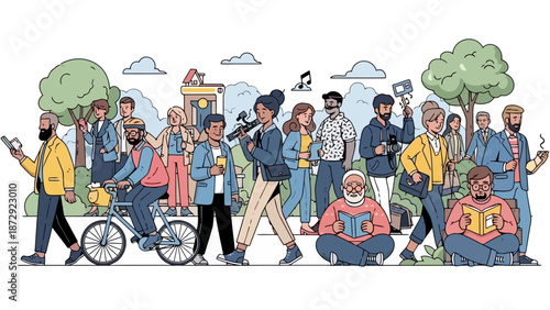 A diverse group of people of various ages and ethnicities enjoying a sunny day in a park with trees and buildings in the background.