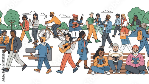 Diverse group of people enjoying a sunny day in a park, with some walking, cycling, playing music, and reading.