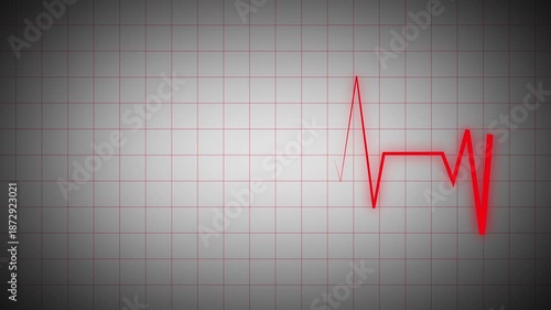 Red cardiogram waveform animation on gray grid background. Medical monitoring visual for healthcare technology, cardiology systems, clinical interfaces, digital diagnostics, and data visualization.