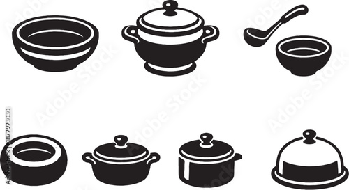 Thanksgiving Soup and Warm Dishes Black and White Icon Set eps