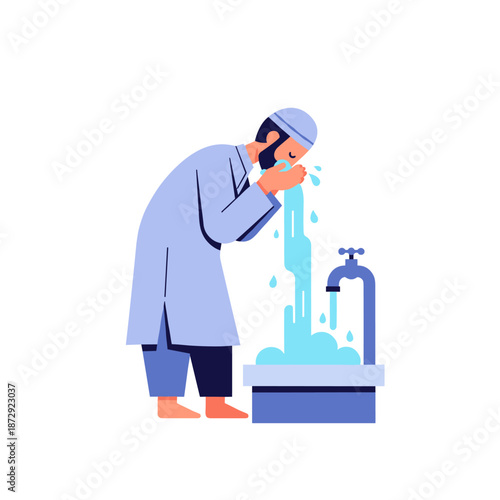 Man Performing Ritual Wudhu in Mosque Before Worship Activities at Water Tap Illustration