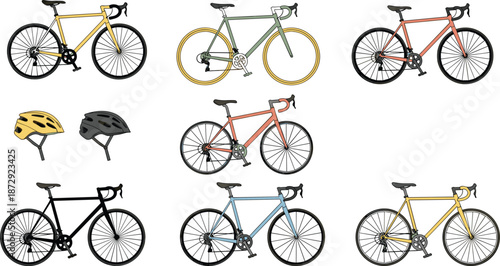 Road bicycle set, racing bike, cycling sport, helmet, transport, wheel, active, speed, outdoor, colorful frame, vector illustration, collection, gear, pedal, ride.