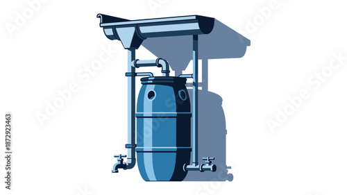 An illustrative depiction of a blue rainwater harvesting barrel system with gutters and pipes, designed for sustainable water collection and conservation.