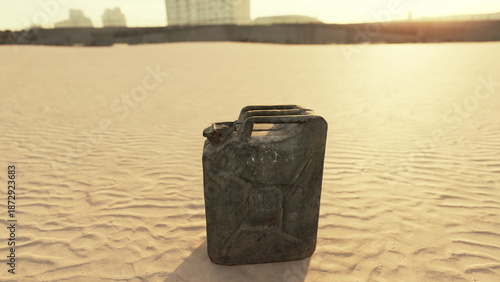 Tableau sur toile A weathered canister sits amidst the expansive desert landscape, illuminated by the soft glow of morning sunlight