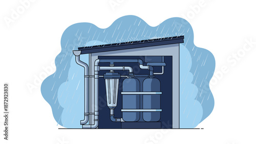 Modern rainwater harvesting system with filtration and storage tanks, efficiently collecting and purifying water for sustainable use in a residential setting.