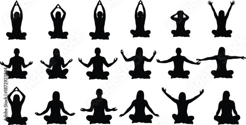 Set Of Yoga Silhouettes, Men And Women Sitting In Meditation Poses, Black Vector Icons Isolated On White Background For Wellness
