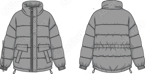 Technical fashion flat sketch of gray puffer jacket, front and back view, vector illustration for outerwear design templates, winter clothing.