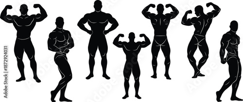 Professional Bodybuilder Silhouette Set Featuring Muscular Athletes Posing in Competition Stances for Gym Fitness Weightlifting and Bodybuilding Sports Design Projects