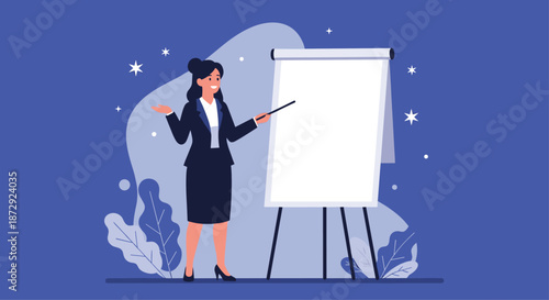 Smiling businesswoman in a suit giving a presentation and pointing to a blank white flip chart with copy space for your text.