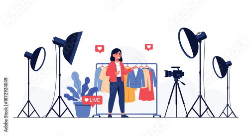 Female fashion blogger live streaming a clothing haul video in a studio with professional lighting and camera equipment setup.