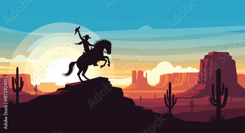 Silhouette of a cowboy on a rearing horse against a stunning desert sunset landscape in the american wild west illustration.