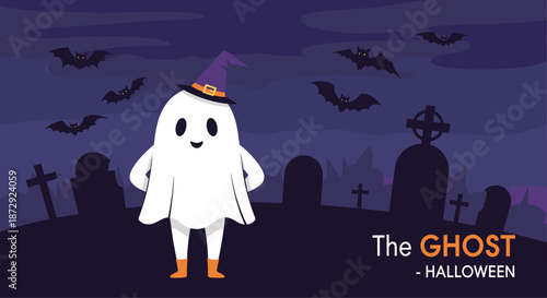 Cute and friendly cartoon ghost wearing a witch hat and boots standing in a spooky graveyard for a happy halloween celebration.
