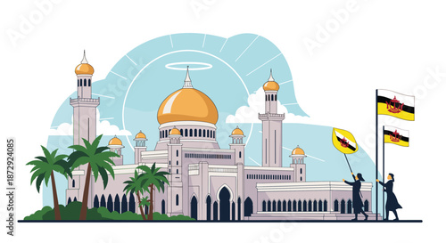Illustration of the Omar Ali Saifuddien Mosque in Brunei Darussalam with people raising the national flag for a celebration.