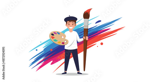 Cheerful young artist wearing a beret and holding a large paintbrush and palette, standing before a colorful abstract splash.