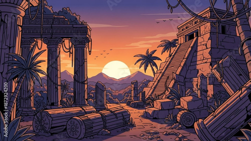 Ancient Mayan ruins at sunset jungle landscape with crumbling stone architecture and palm trees mystical historical concept