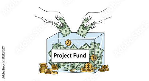 Hands donating money into a transparent project fund box, illustrating concepts of crowdfunding, investment, and charity.