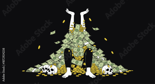 A person buried upside down in a large pile of money and gold with skulls, symbolizing the fatal consequences of extreme greed.