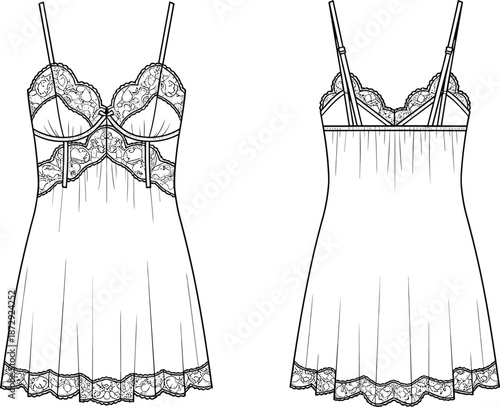 Technical fashion flat sketch of women's lace nightdress, front and back view, vector illustration for lingerie design templates, sleepwear.