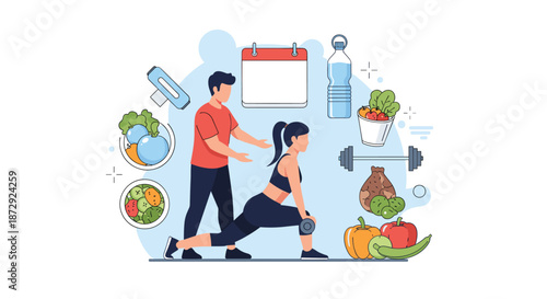 Personal trainer guiding a woman doing lunges with dumbbells, surrounded by healthy food, water, and a fitness schedule.