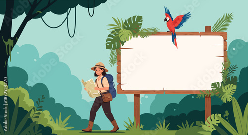 Female explorer with a backpack and map walking in a lush jungle next to a large blank wooden sign with a parrot on top.