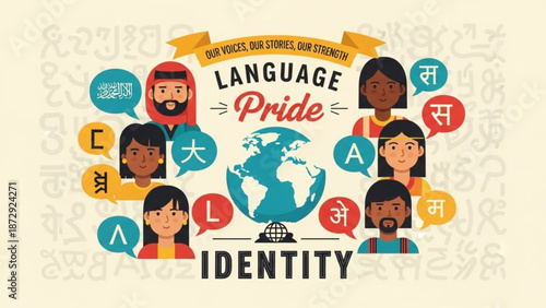 Diverse people celebrating language pride and identity global communication concept with multicultural characters and speech bubbles vector illu
