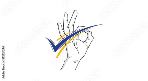 A hand making an 'OK' gesture with a large check mark symbol, representing approval, quality assurance, and satisfaction.