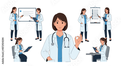 A character set of a female doctor in various poses, such as presenting, writing, and showing an 'OK' sign for medical concepts.