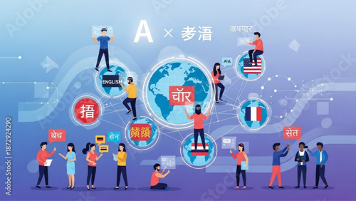 Global communication concept with people connecting across languages and cultures digital network illustration for international business