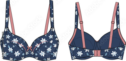Floral women bra front and back view illustration, lingerie fashion design for underwear apparel mockup presentation templates