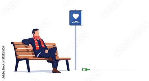 A lonely man in a winter scarf sits alone on a park bench next to a 'Love Zone' sign with a heart symbol.